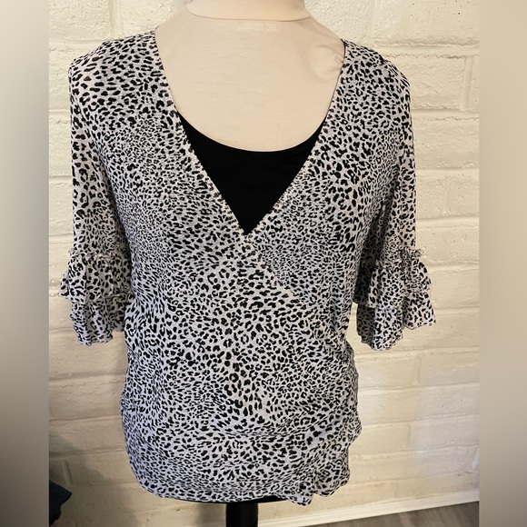 Karen Kane Black & White Animal Print Wrap Style Blouse with Under Tank, sz  0X - Picture 1 of 7
